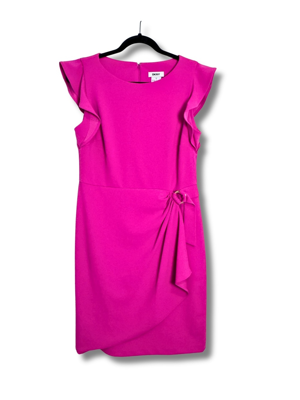 Women’s DKNY Fuchsia Ruffle Sleeve Faux Wrap Dress with Waist Tie, 8